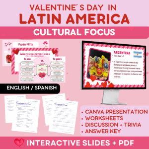 Spanish Valentine’s Day in Latin America Cultural Focus / Canva / Worksheet / Trivia